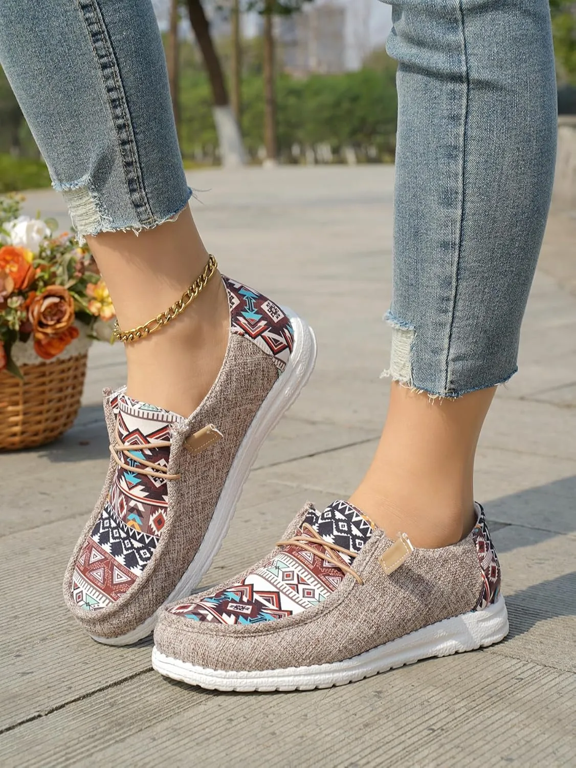Women's Aztec Print Slip-On Loafers - Elastic Lace Comfort Shoes, Lightweight Foam Sole, Orthotic Support for Daily Wear, Trendy Casual Sneakers (US 6-11)