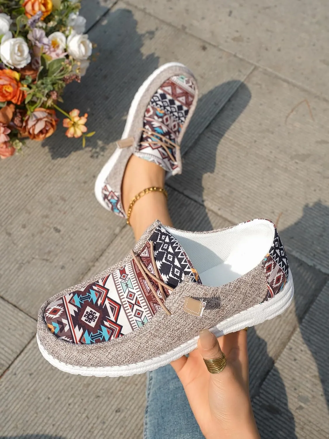 Women's Aztec Print Slip-On Loafers - Elastic Lace Comfort Shoes, Lightweight Foam Sole, Orthotic Support for Daily Wear, Trendy Casual Sneakers (US 6-11)
