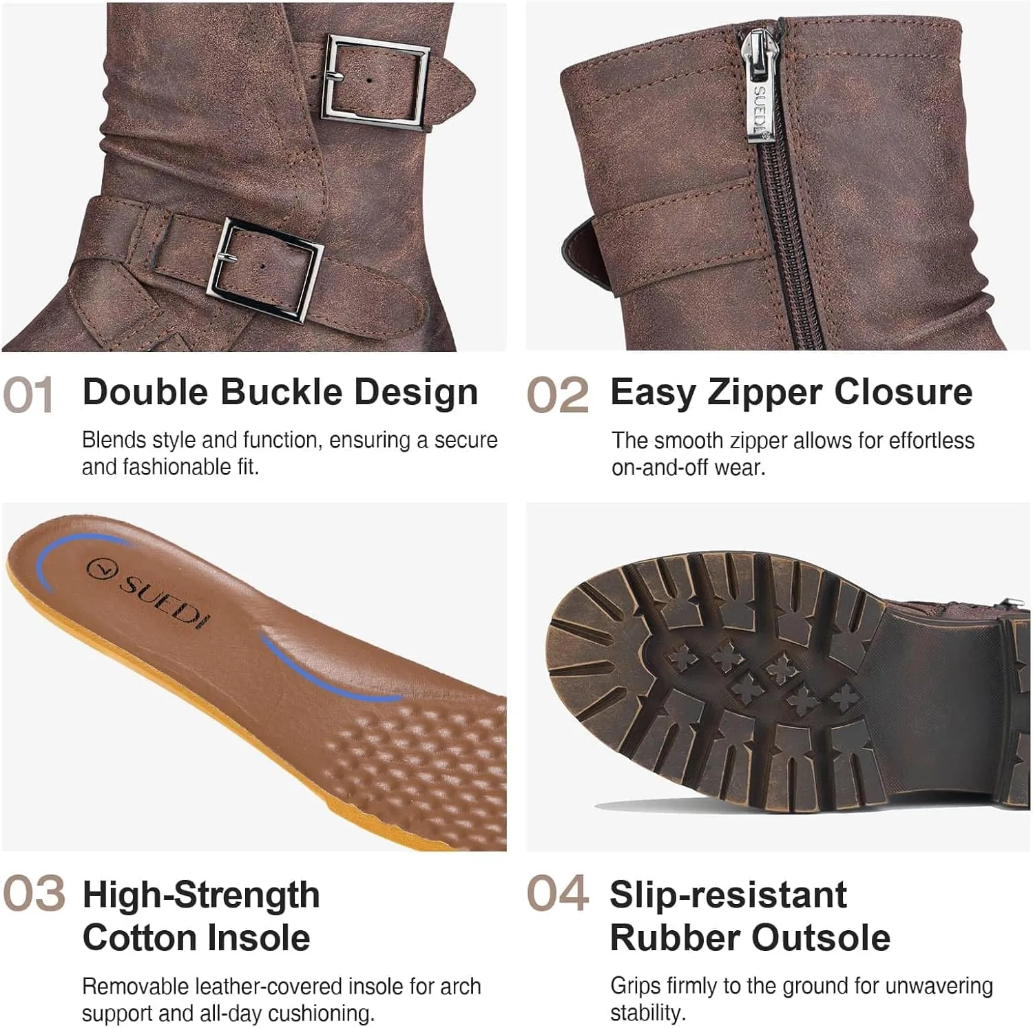 Women's Biker Boots Motorcycle Boots Buckle Mid Calf Boots Low Heel Combat Riding Military Boots for Women
