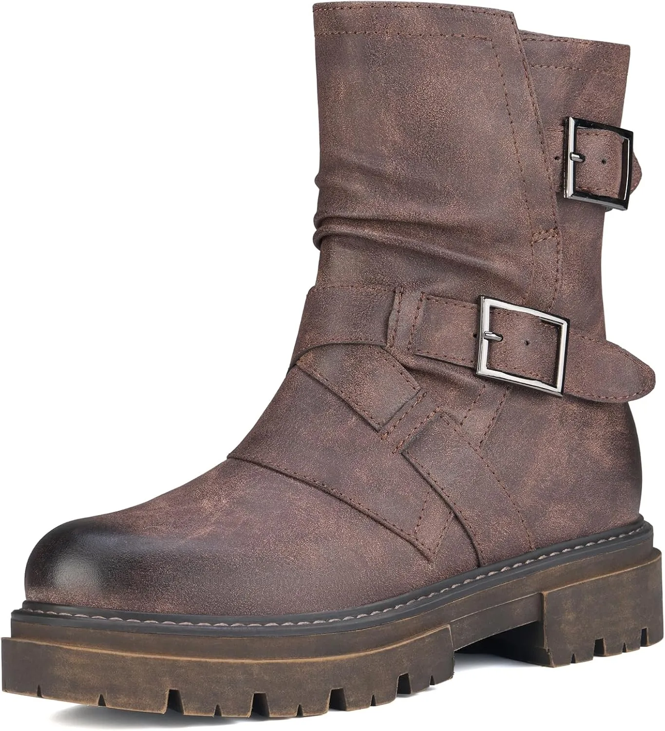 Women's Biker Boots Motorcycle Boots Buckle Mid Calf Boots Low Heel Combat Riding Military Boots for Women