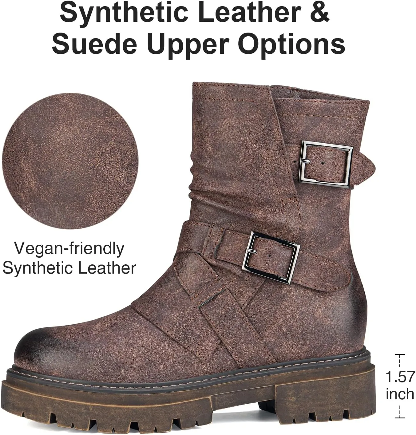 Women's Biker Boots Motorcycle Boots Buckle Mid Calf Boots Low Heel Combat Riding Military Boots for Women