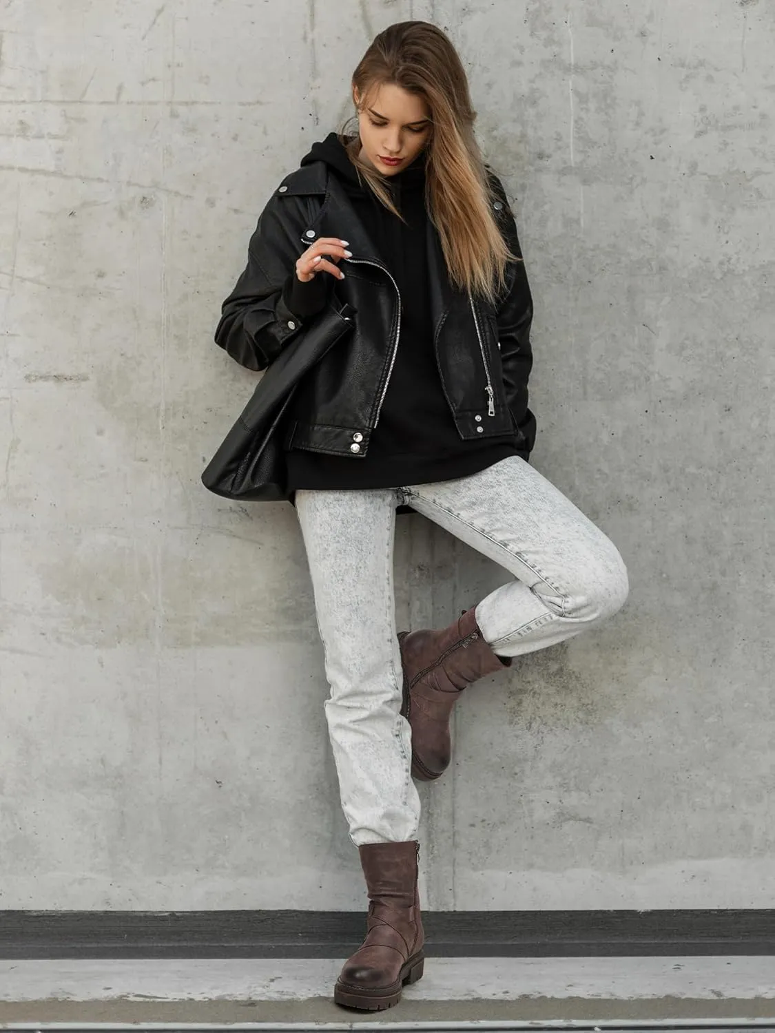 Women's Biker Boots Motorcycle Boots Buckle Mid Calf Boots Low Heel Combat Riding Military Boots for Women