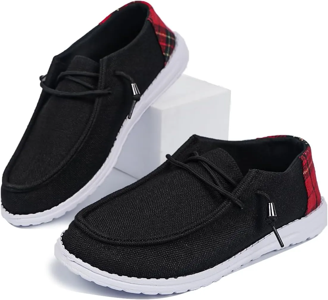 Women's Black Canvas Flat Loafers with Versatile Pattern Back Fabric Decor Lace-up Slip-on Sneakers Ultralight Breathable Casual Sports Shoes for Adults/Teenagers, Couple Boat Shoes, Plaid/Star/Cow