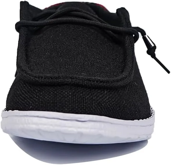 Women's Black Canvas Flat Loafers with Versatile Pattern Back Fabric Decor Lace-up Slip-on Sneakers Ultralight Breathable Casual Sports Shoes for Adults/Teenagers, Couple Boat Shoes, Plaid/Star/Cow