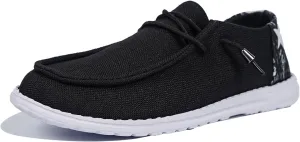 Women's Black Canvas Flat Loafers with Versatile Pattern Back Fabric Decor Lace-up Slip-on Sneakers Ultralight Breathable Casual Sports Shoes for Adults/Teenagers, Couple Boat Shoes, Plaid/Star/Cow
