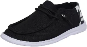 Women's Black Canvas Flat Loafers with Versatile Pattern Back Fabric Decor Lace-up Slip-on Sneakers Ultralight Breathable Casual Sports Shoes for Adults/Teenagers, Couple Boat Shoes, Plaid/Star/Cow