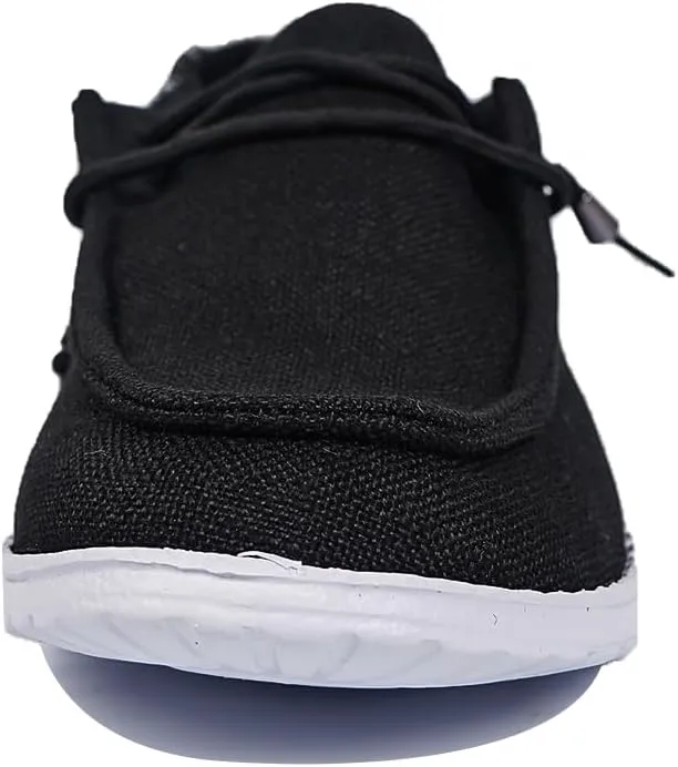 Women's Black Canvas Flat Loafers with Versatile Pattern Back Fabric Decor Lace-up Slip-on Sneakers Ultralight Breathable Casual Sports Shoes for Adults/Teenagers, Couple Boat Shoes, Plaid/Star/Cow