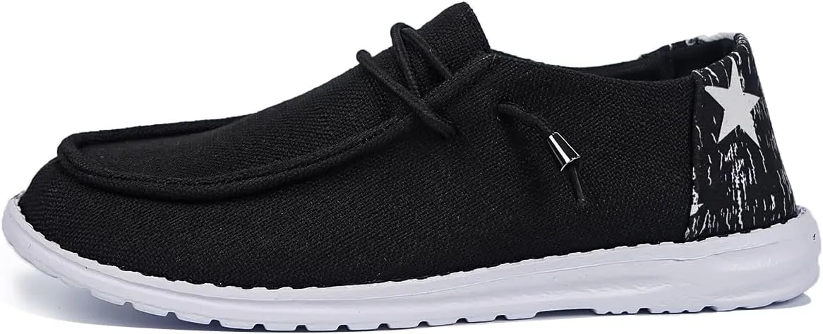 Women's Black Canvas Flat Loafers with Versatile Pattern Back Fabric Decor Lace-up Slip-on Sneakers Ultralight Breathable Casual Sports Shoes for Adults/Teenagers, Couple Boat Shoes, Plaid/Star/Cow