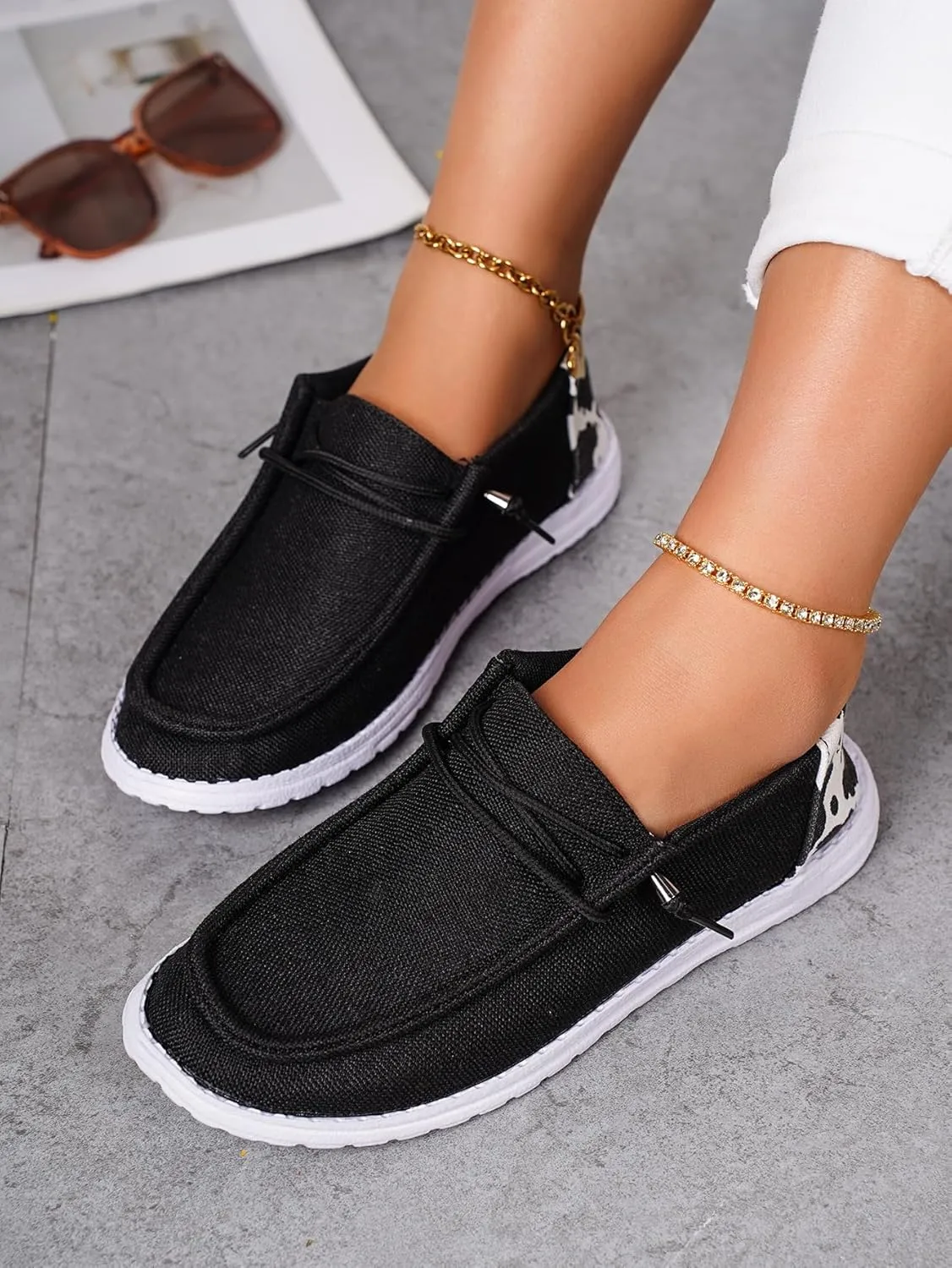 Women's Black Canvas Flat Loafers with Versatile Pattern Back Fabric Decor Lace-up Slip-on Sneakers Ultralight Breathable Casual Sports Shoes for Adults/Teenagers, Couple Boat Shoes, Plaid/Star/Cow