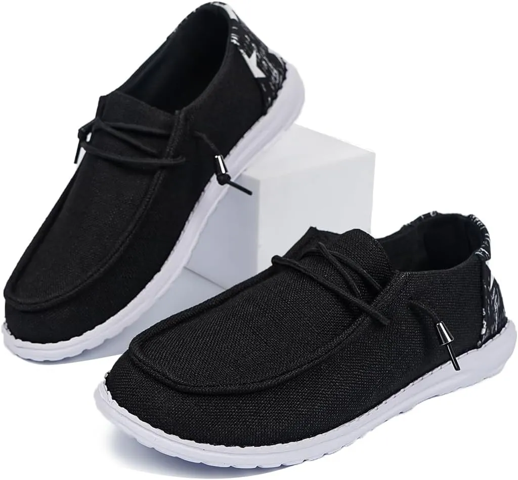 Women's Black Canvas Flat Loafers with Versatile Pattern Back Fabric Decor Lace-up Slip-on Sneakers Ultralight Breathable Casual Sports Shoes for Adults/Teenagers, Couple Boat Shoes, Plaid/Star/Cow