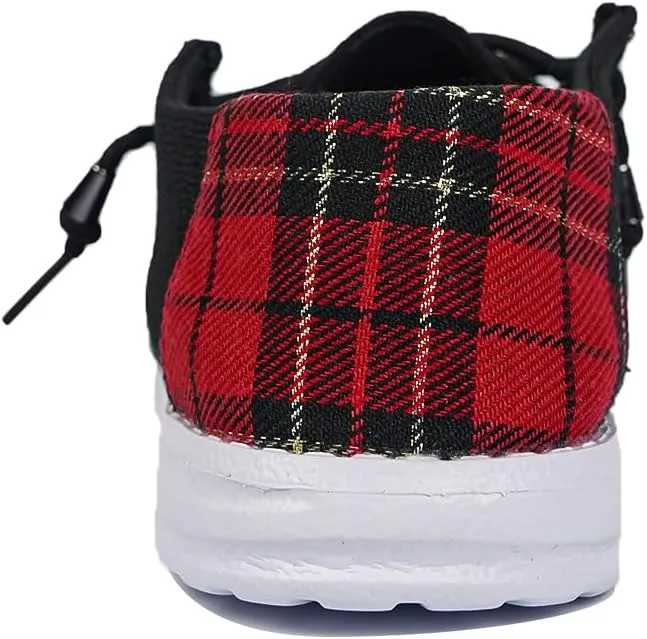 Women's Black Canvas Flat Loafers with Versatile Pattern Back Fabric Decor Lace-up Slip-on Sneakers Ultralight Breathable Casual Sports Shoes for Adults/Teenagers, Couple Boat Shoes, Plaid/Star/Cow