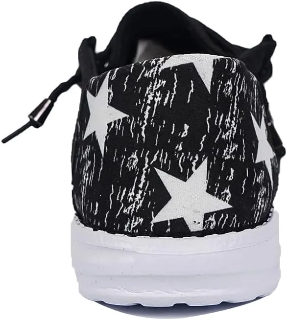 Women's Black Canvas Flat Loafers with Versatile Pattern Back Fabric Decor Lace-up Slip-on Sneakers Ultralight Breathable Casual Sports Shoes for Adults/Teenagers, Couple Boat Shoes, Plaid/Star/Cow