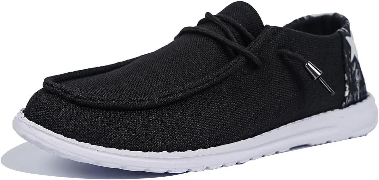 Women's Black Canvas Flat Loafers with Versatile Pattern Back Fabric Decor Lace-up Slip-on Sneakers Ultralight Breathable Casual Sports Shoes for Adults/Teenagers, Couple Boat Shoes, Plaid/Star/Cow