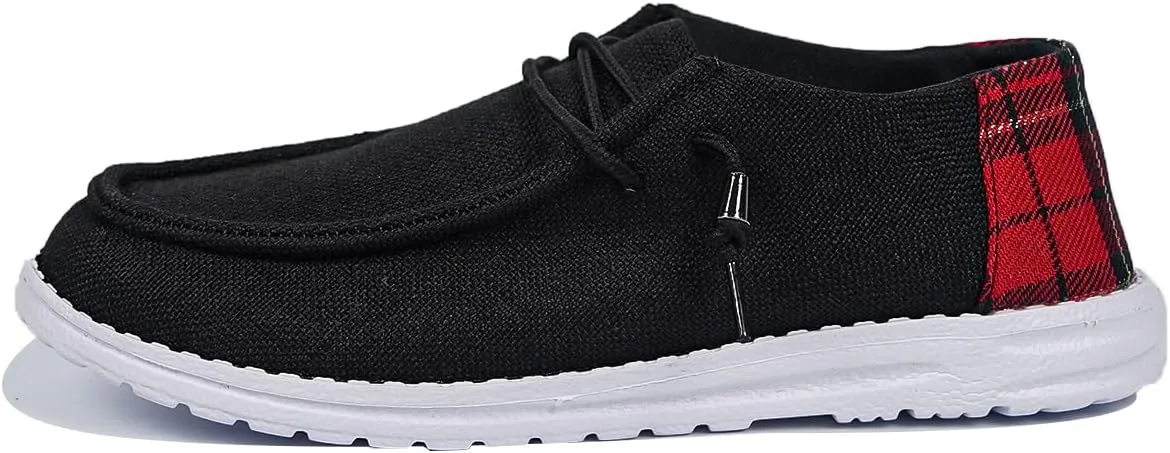 Women's Black Canvas Flat Loafers with Versatile Pattern Back Fabric Decor Lace-up Slip-on Sneakers Ultralight Breathable Casual Sports Shoes for Adults/Teenagers, Couple Boat Shoes, Plaid/Star/Cow