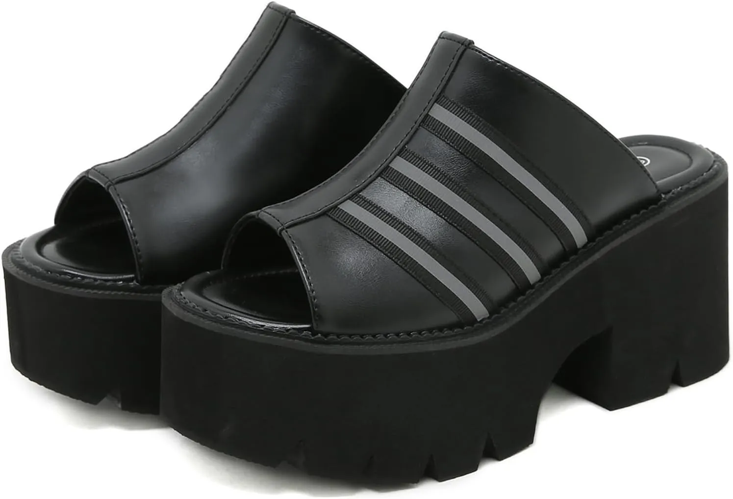 Women's Black Punk Platform Heel Mules Slip On Round Peep Toe Flatform Buckle Rivet Gothic Sandals
