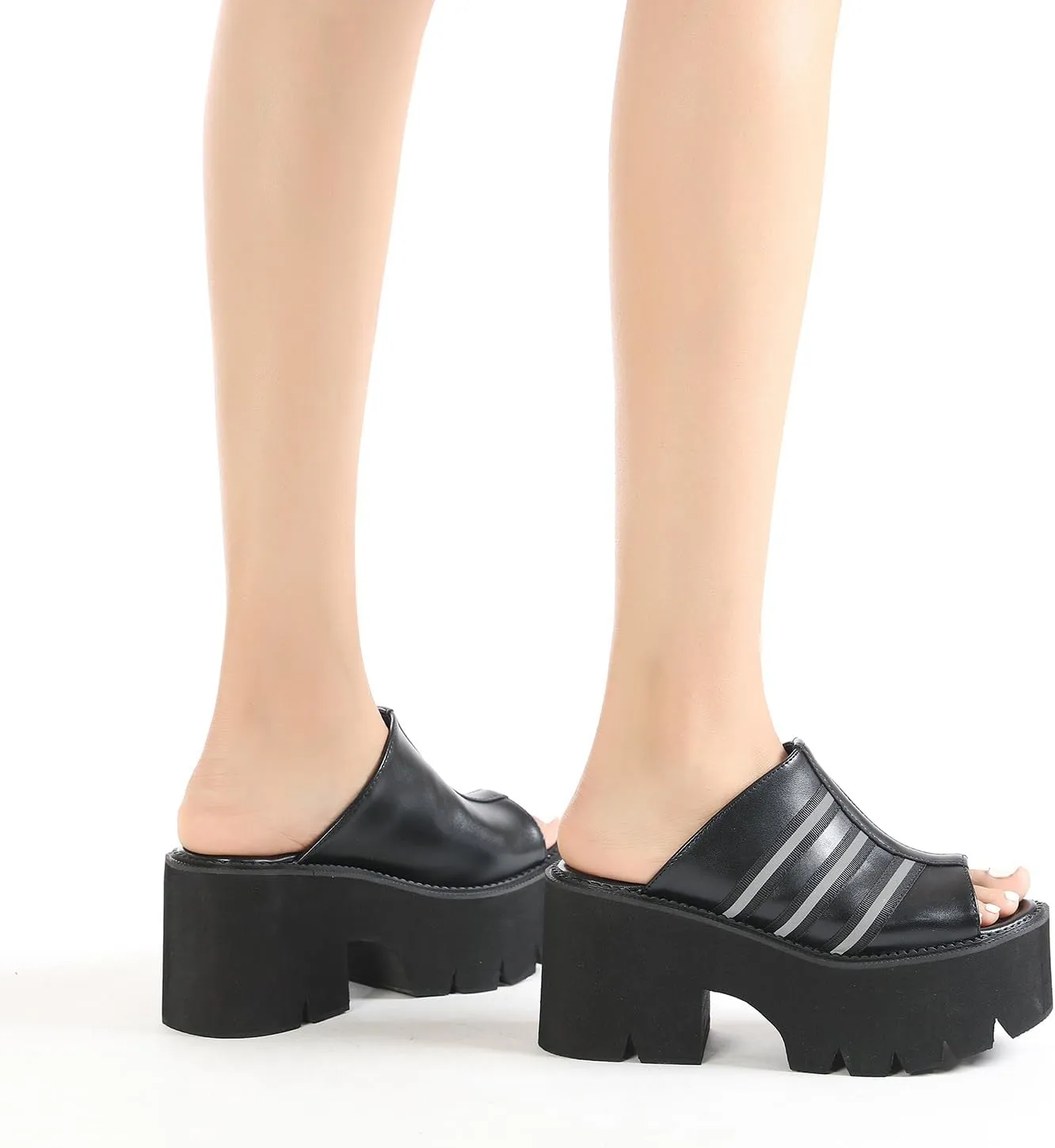 Women's Black Punk Platform Heel Mules Slip On Round Peep Toe Flatform Buckle Rivet Gothic Sandals
