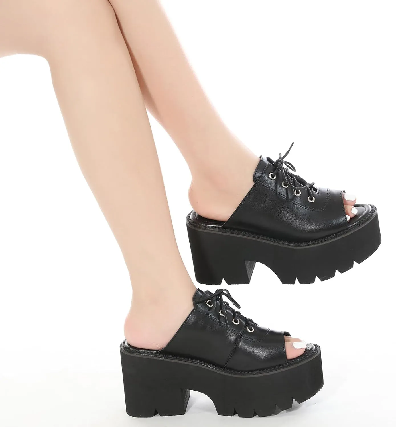 Women's Black Punk Platform Heel Mules Slip On Round Peep Toe Flatform Buckle Rivet Gothic Sandals