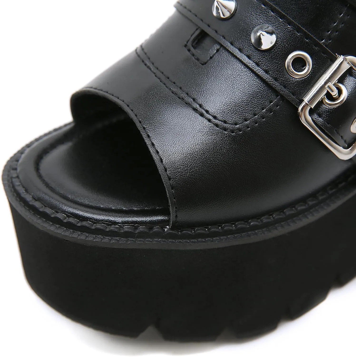 Women's Black Punk Platform Heel Mules Slip On Round Peep Toe Flatform Buckle Rivet Gothic Sandals