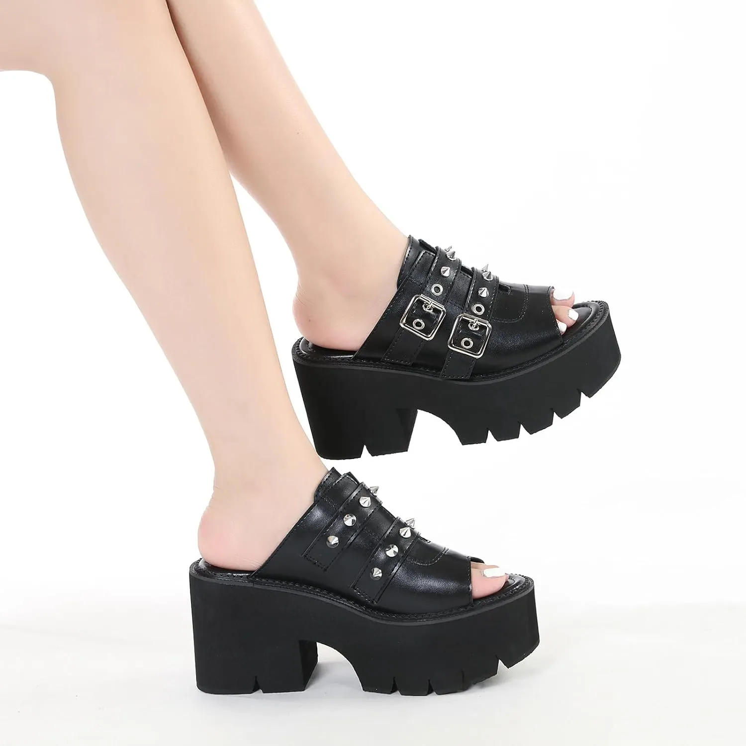 Women's Black Punk Platform Heel Mules Slip On Round Peep Toe Flatform Buckle Rivet Gothic Sandals