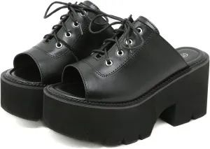 Women's Black Punk Platform Heel Mules Slip On Round Peep Toe Flatform Buckle Rivet Gothic Sandals