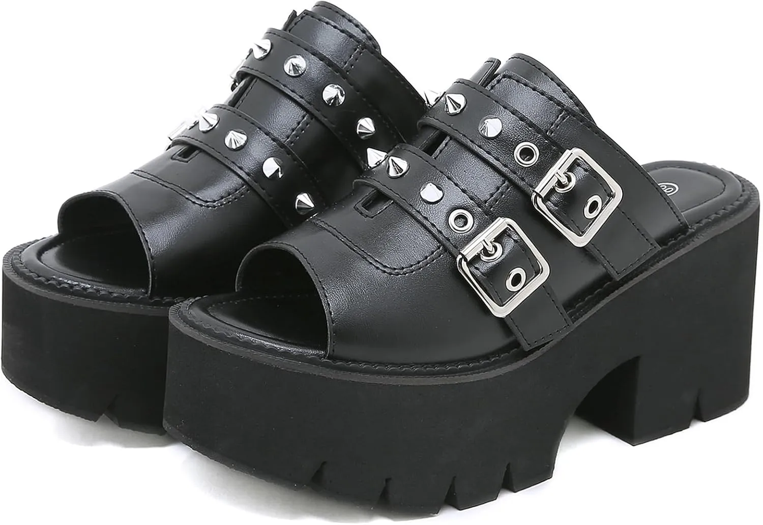 Women's Black Punk Platform Heel Mules Slip On Round Peep Toe Flatform Buckle Rivet Gothic Sandals
