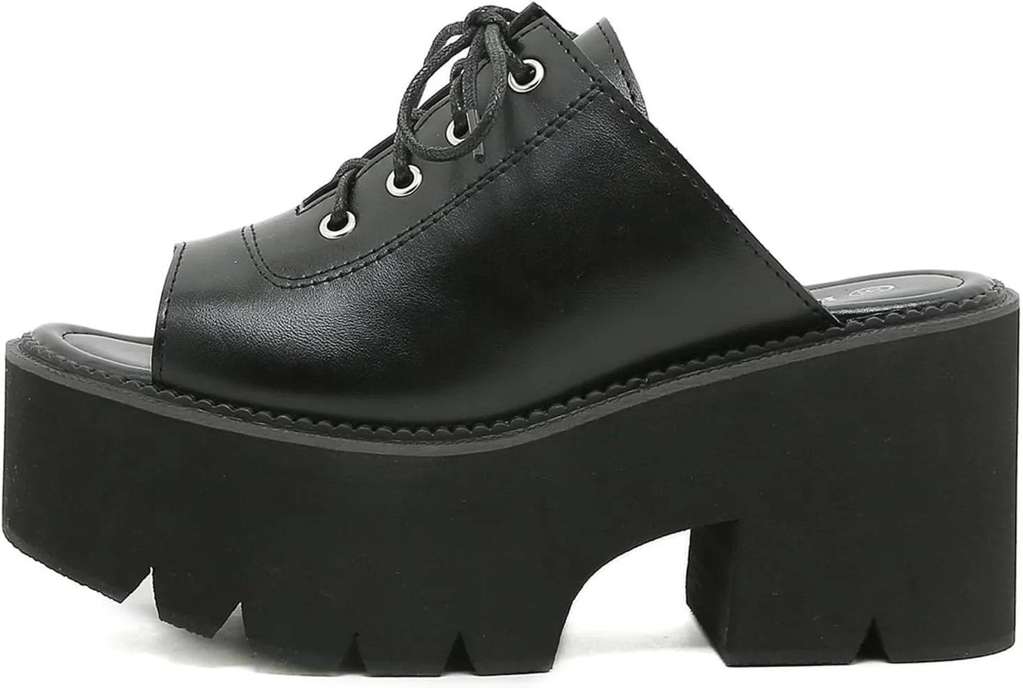 Women's Black Punk Platform Heel Mules Slip On Round Peep Toe Flatform Buckle Rivet Gothic Sandals