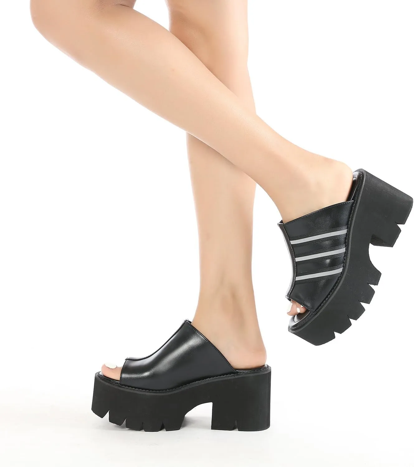 Women's Black Punk Platform Heel Mules Slip On Round Peep Toe Flatform Buckle Rivet Gothic Sandals