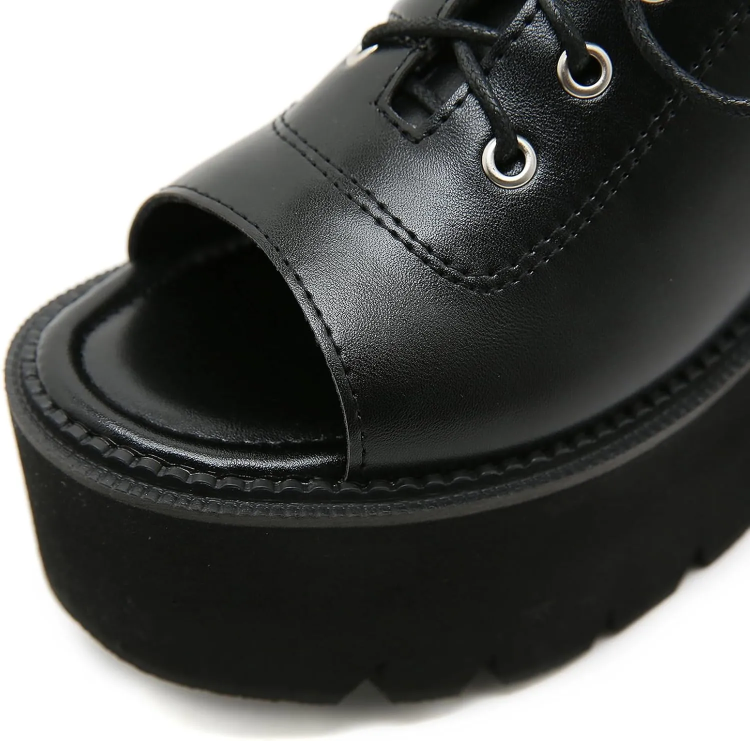 Women's Black Punk Platform Heel Mules Slip On Round Peep Toe Flatform Buckle Rivet Gothic Sandals