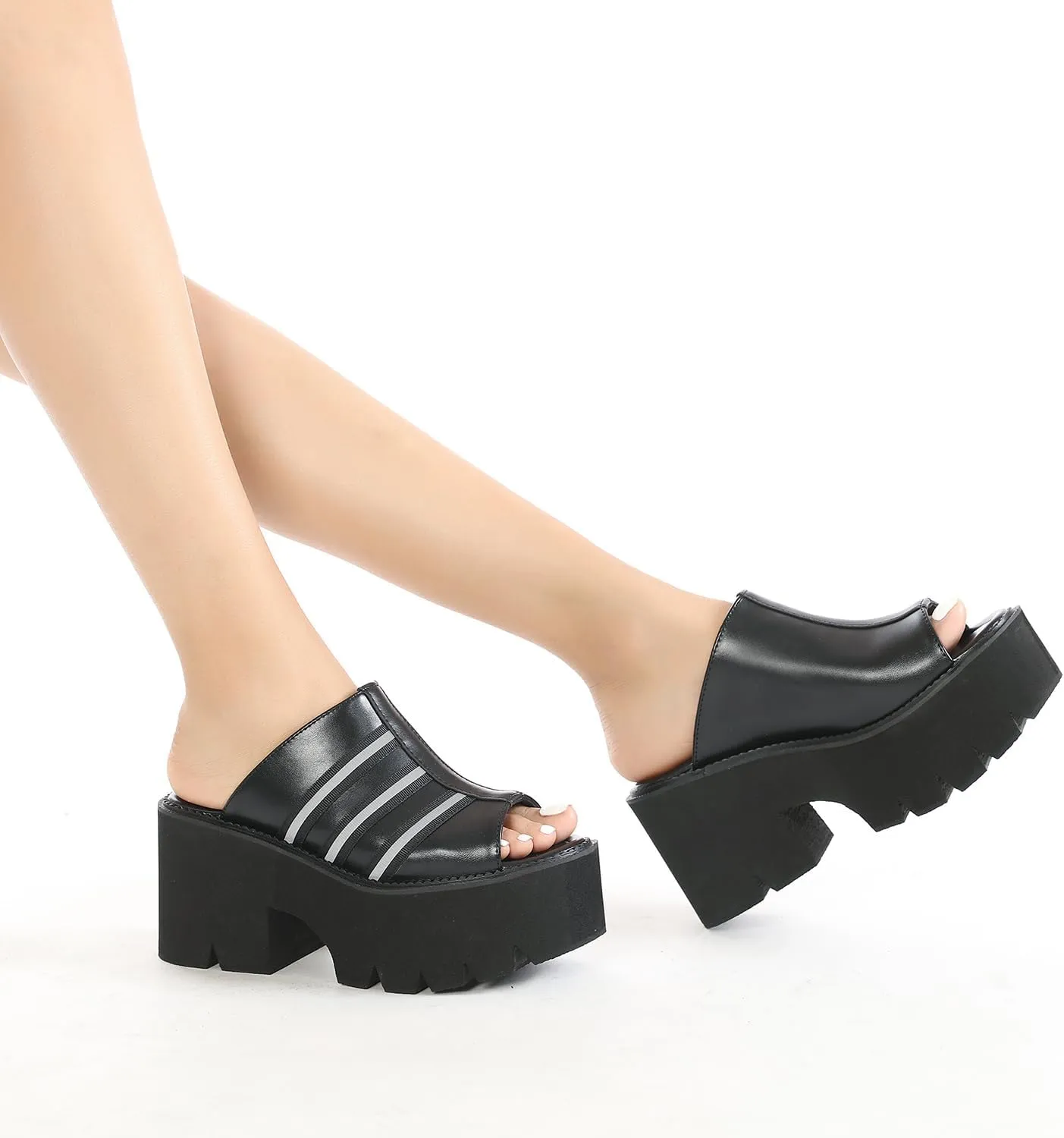 Women's Black Punk Platform Heel Mules Slip On Round Peep Toe Flatform Buckle Rivet Gothic Sandals