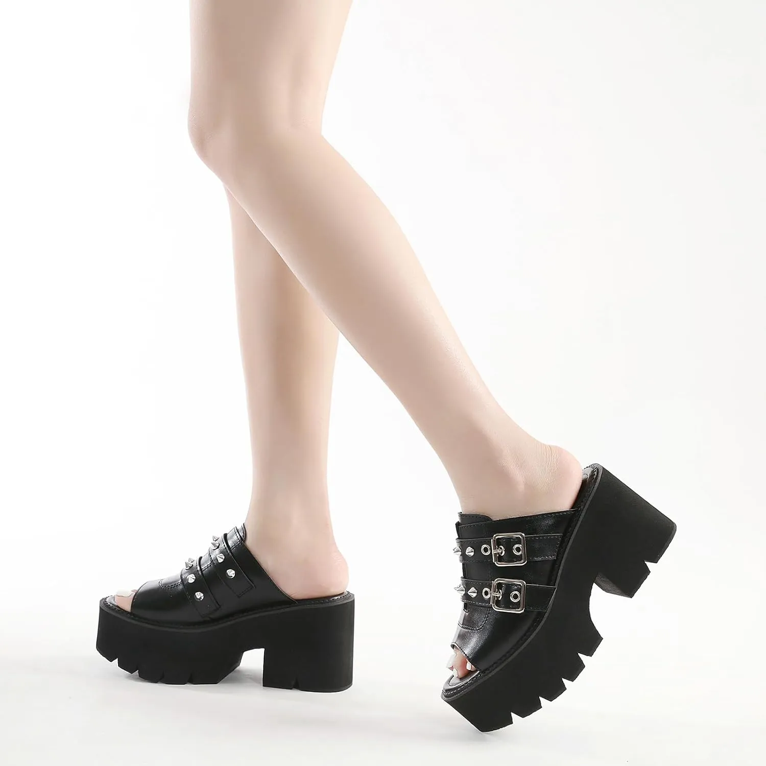 Women's Black Punk Platform Heel Mules Slip On Round Peep Toe Flatform Buckle Rivet Gothic Sandals