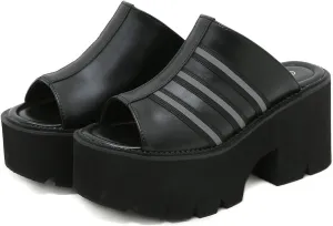 Women's Black Punk Platform Heel Mules Slip On Round Peep Toe Flatform Buckle Rivet Gothic Sandals