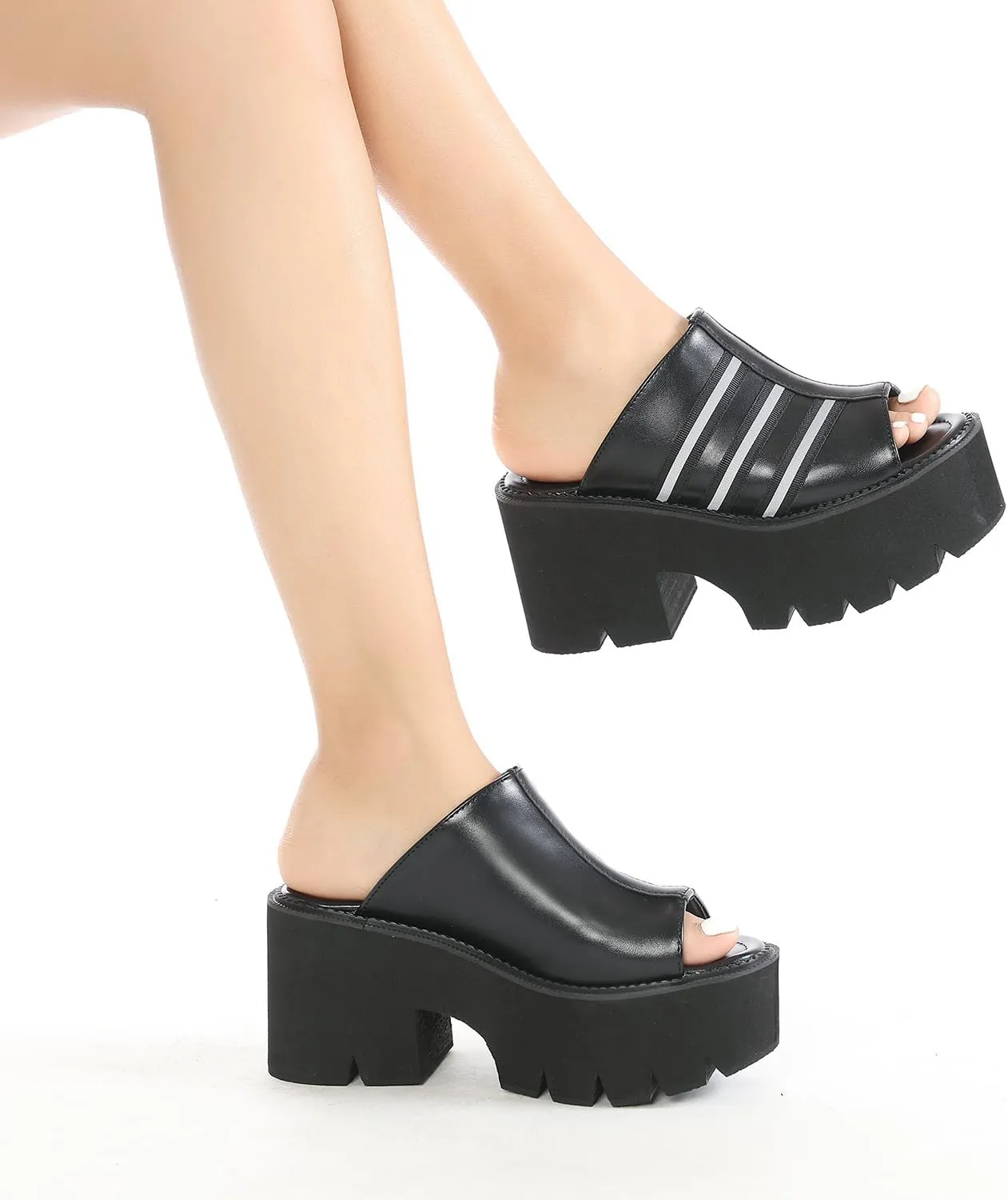 Women's Black Punk Platform Heel Mules Slip On Round Peep Toe Flatform Buckle Rivet Gothic Sandals