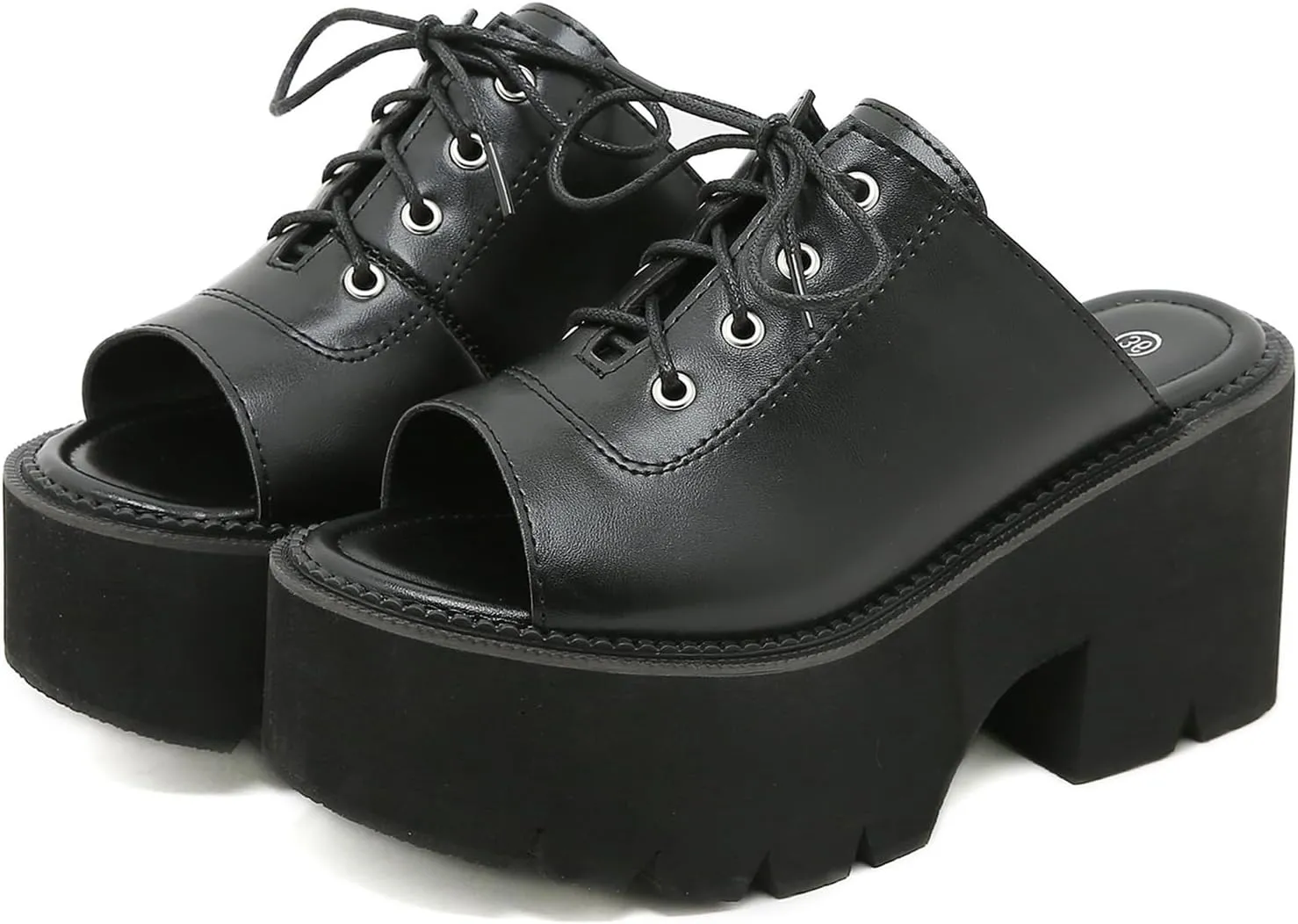 Women's Black Punk Platform Heel Mules Slip On Round Peep Toe Flatform Buckle Rivet Gothic Sandals