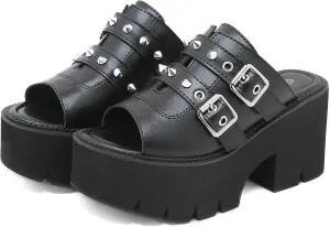 Women's Black Punk Platform Heel Mules Slip On Round Peep Toe Flatform Buckle Rivet Gothic Sandals