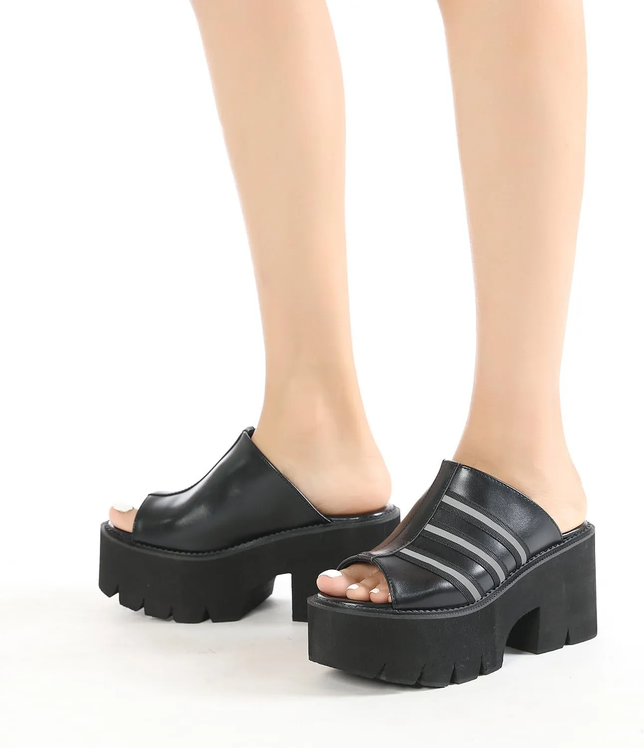 Women's Black Punk Platform Heel Mules Slip On Round Peep Toe Flatform Buckle Rivet Gothic Sandals