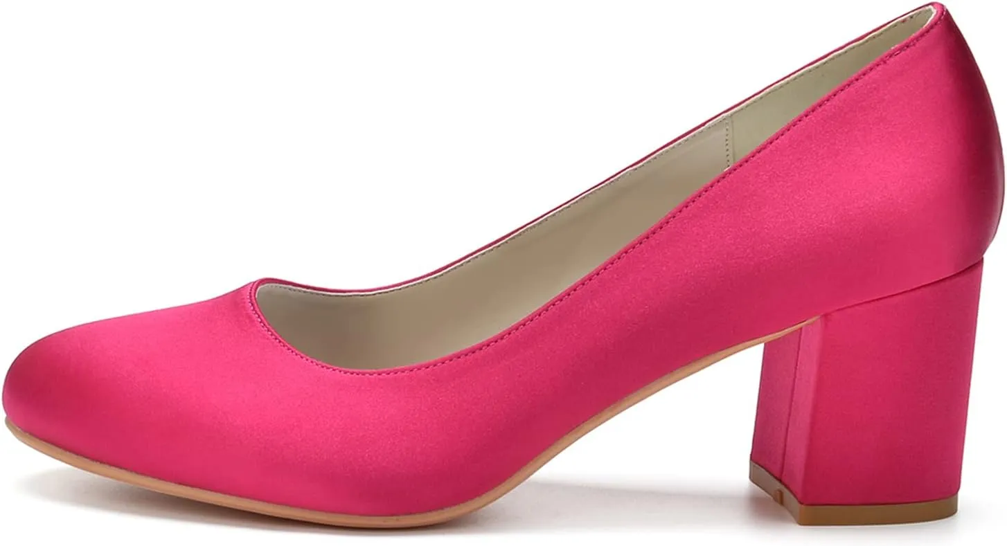 Women's Chunky Heel Closed Toe Pumps Satin Mid Block Heel Slip-On Classic Party Dress Shoes
