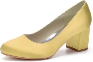 Women's Chunky Heel Closed Toe Pumps Satin Mid Block Heel Slip-On Classic Party Dress Shoes