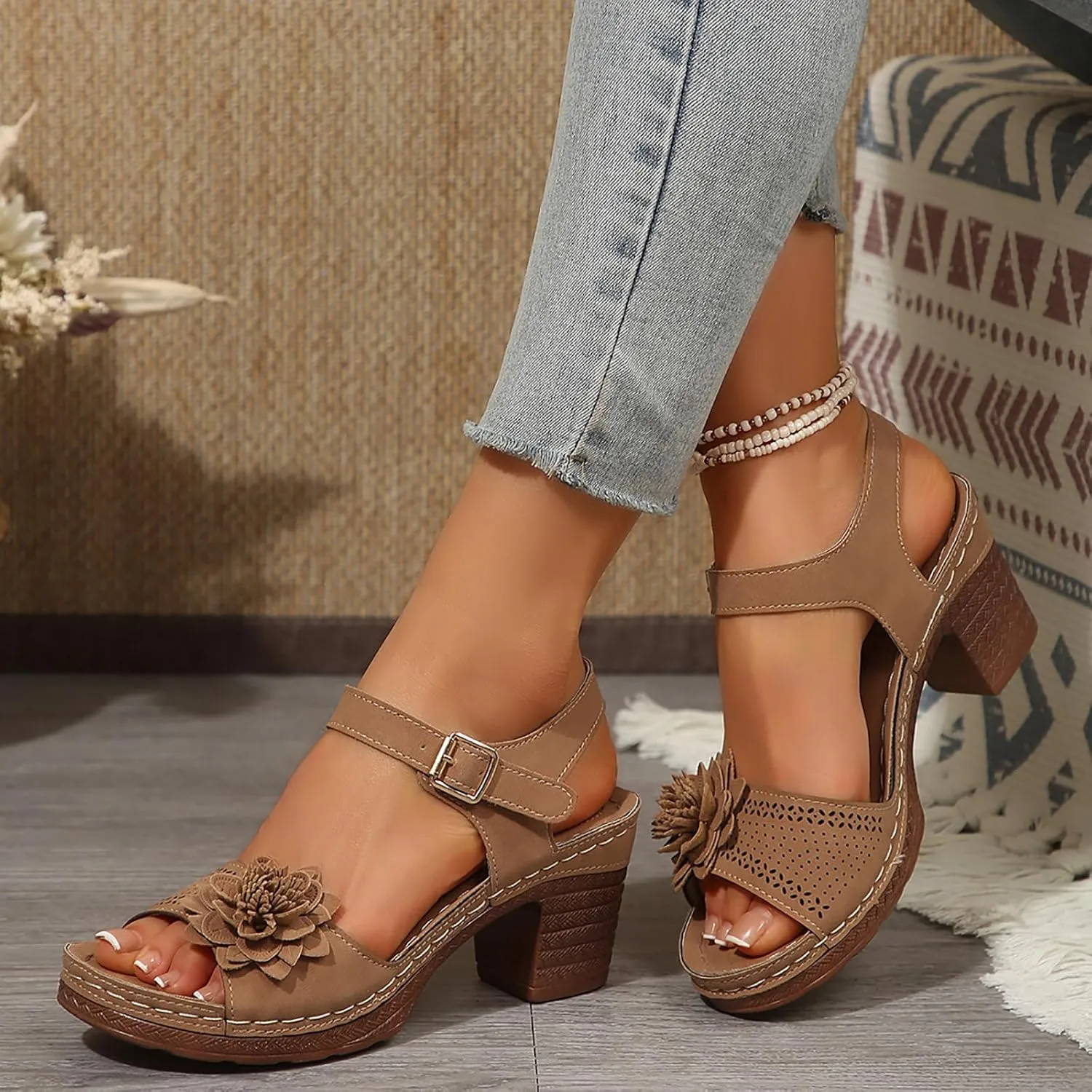 Women's Chunky Heels Sandals for Dressy, Summer Open Toe Ankle Strap Block Heeled Wedge, Comfortable Casual Shoes