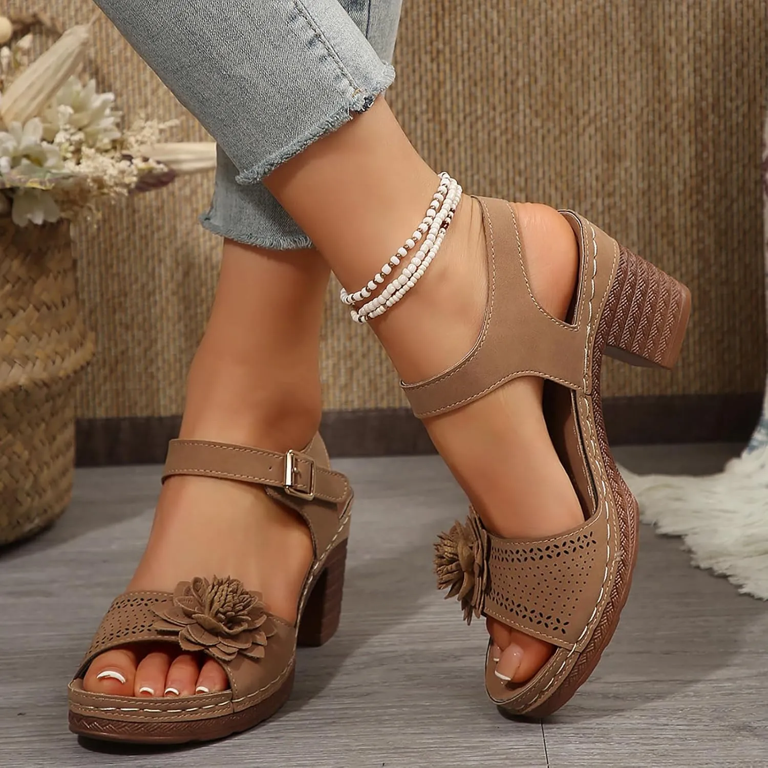 Women's Chunky Heels Sandals for Dressy, Summer Open Toe Ankle Strap Block Heeled Wedge, Comfortable Casual Shoes