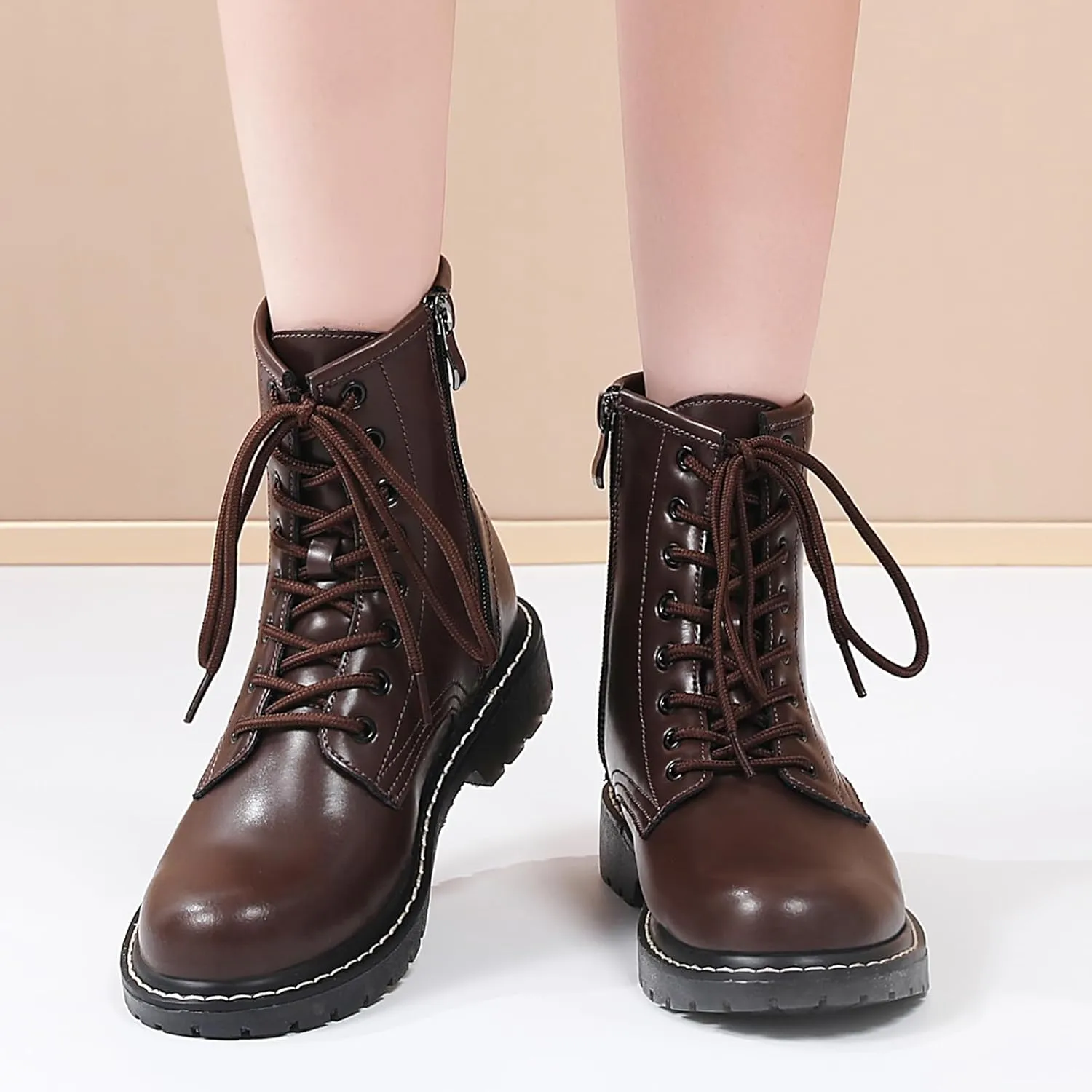 Women's Combat Boots Womens Motorcycle Boots Ankle Booties Low Heel Side Zipper Lace-up Fashion Casual Short Boots