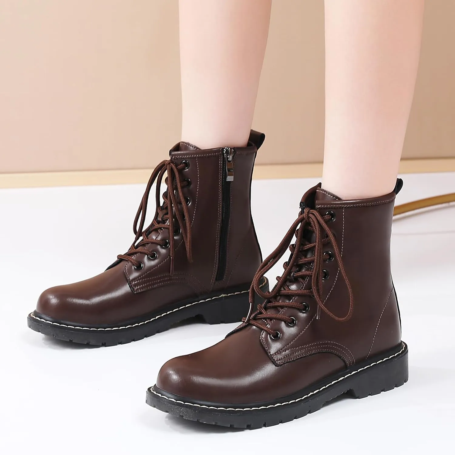Women's Combat Boots Womens Motorcycle Boots Ankle Booties Low Heel Side Zipper Lace-up Fashion Casual Short Boots