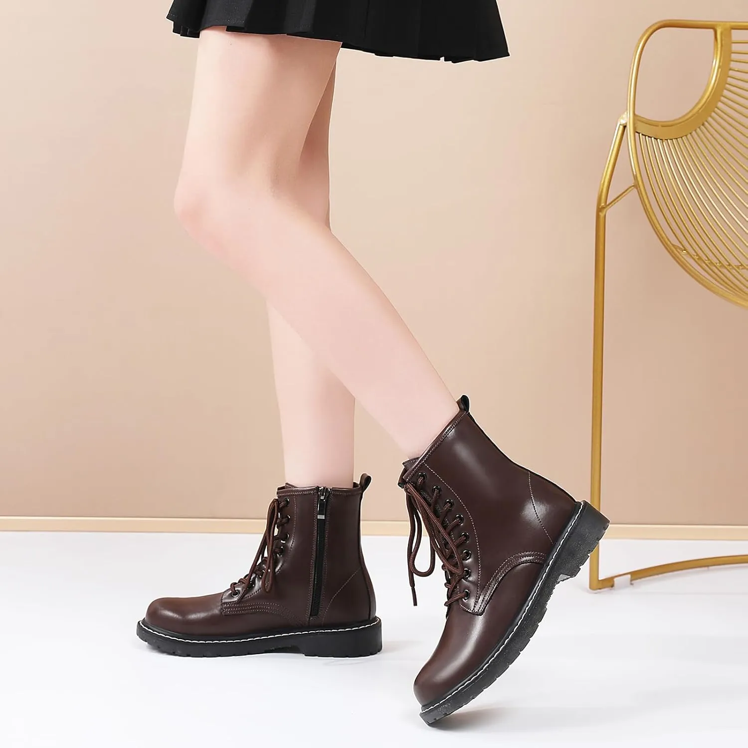 Women's Combat Boots Womens Motorcycle Boots Ankle Booties Low Heel Side Zipper Lace-up Fashion Casual Short Boots
