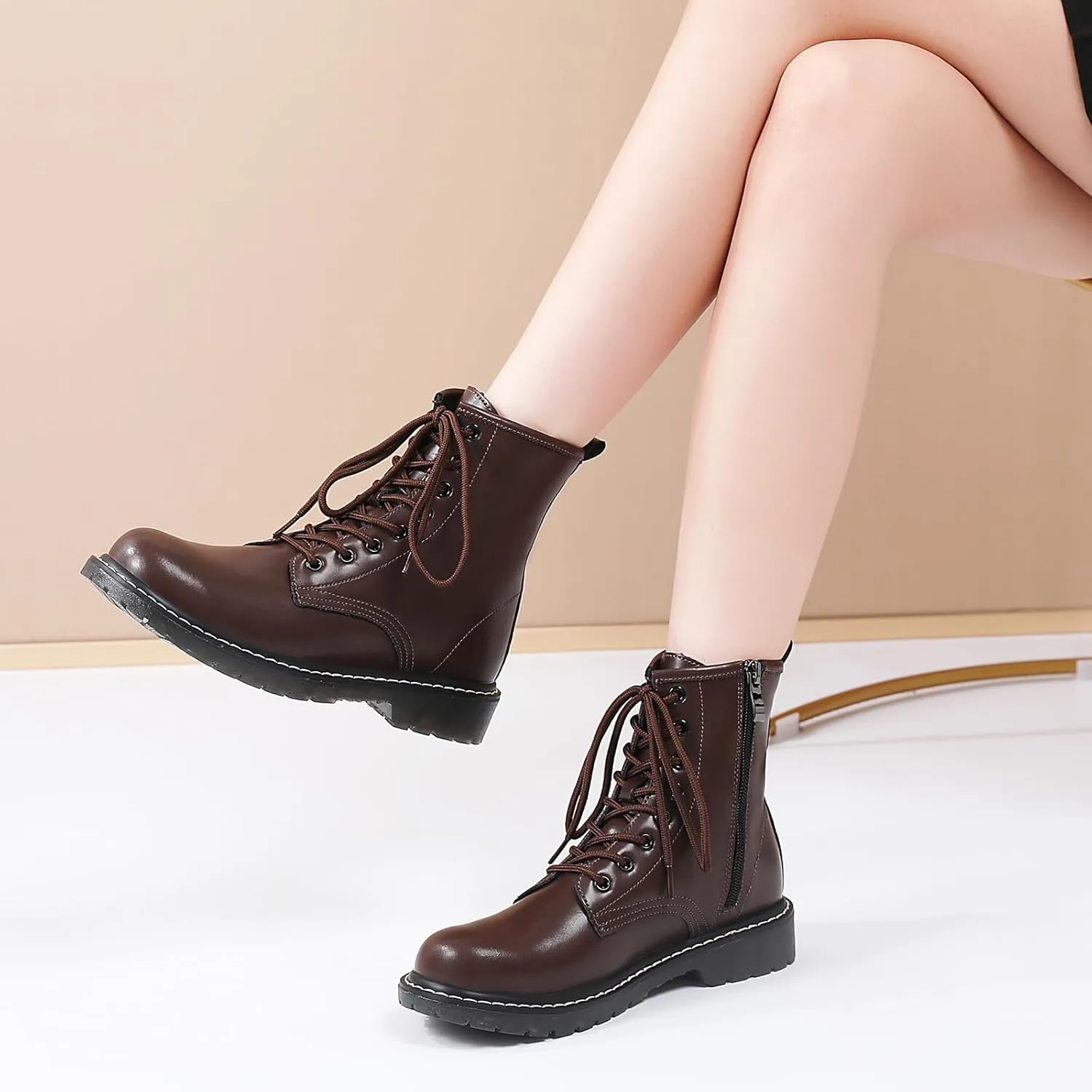 Women's Combat Boots Womens Motorcycle Boots Ankle Booties Low Heel Side Zipper Lace-up Fashion Casual Short Boots