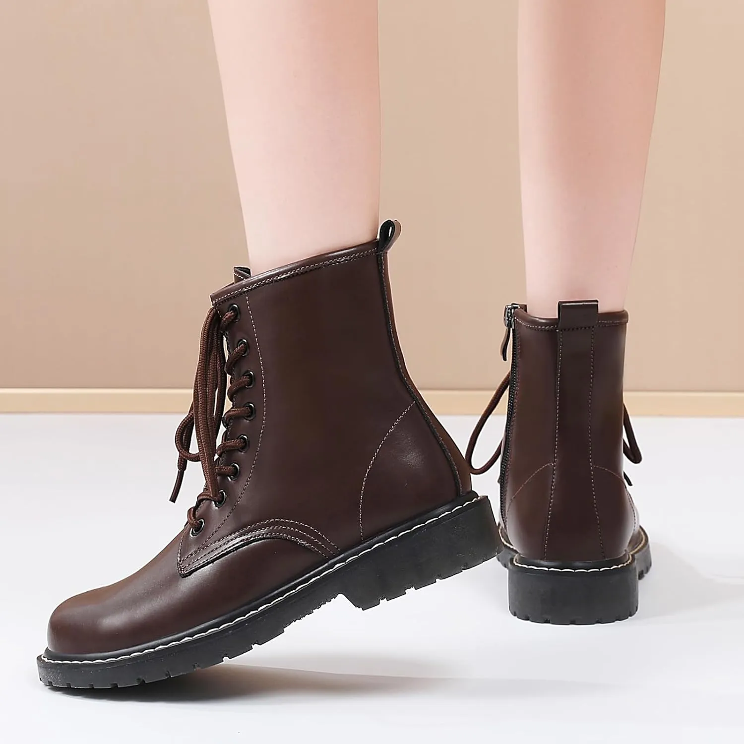 Women's Combat Boots Womens Motorcycle Boots Ankle Booties Low Heel Side Zipper Lace-up Fashion Casual Short Boots