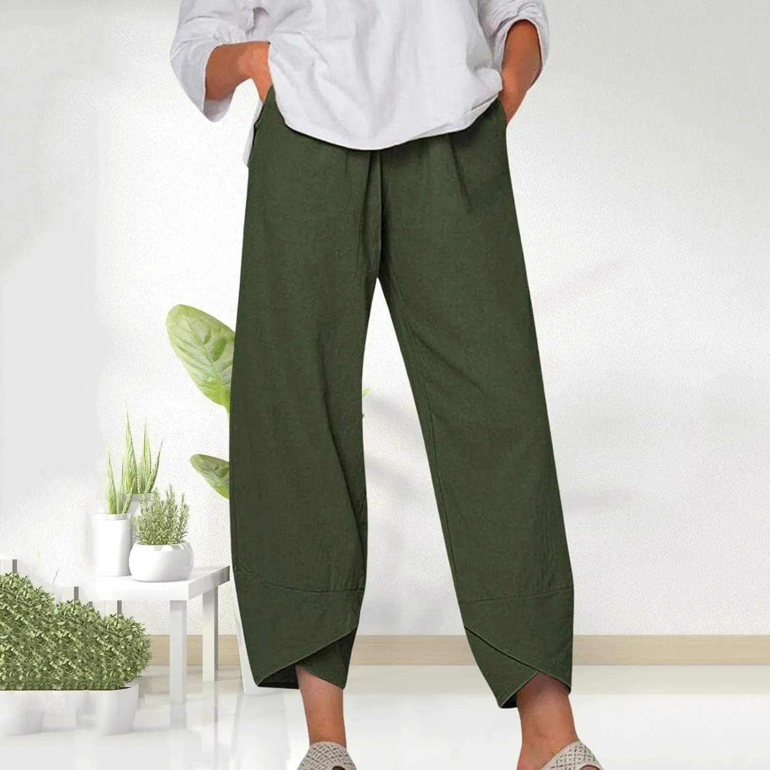 Womens Cotton Linen Capri Pants,High Waisted Comfy Baggy Trousers,Cotton Linen Pant Summer Casual Capri Pants with Pockets