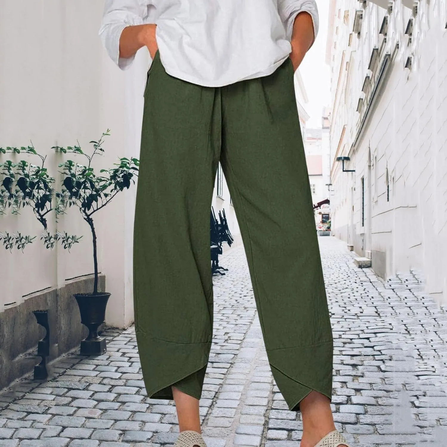 Womens Cotton Linen Capri Pants,High Waisted Comfy Baggy Trousers,Cotton Linen Pant Summer Casual Capri Pants with Pockets
