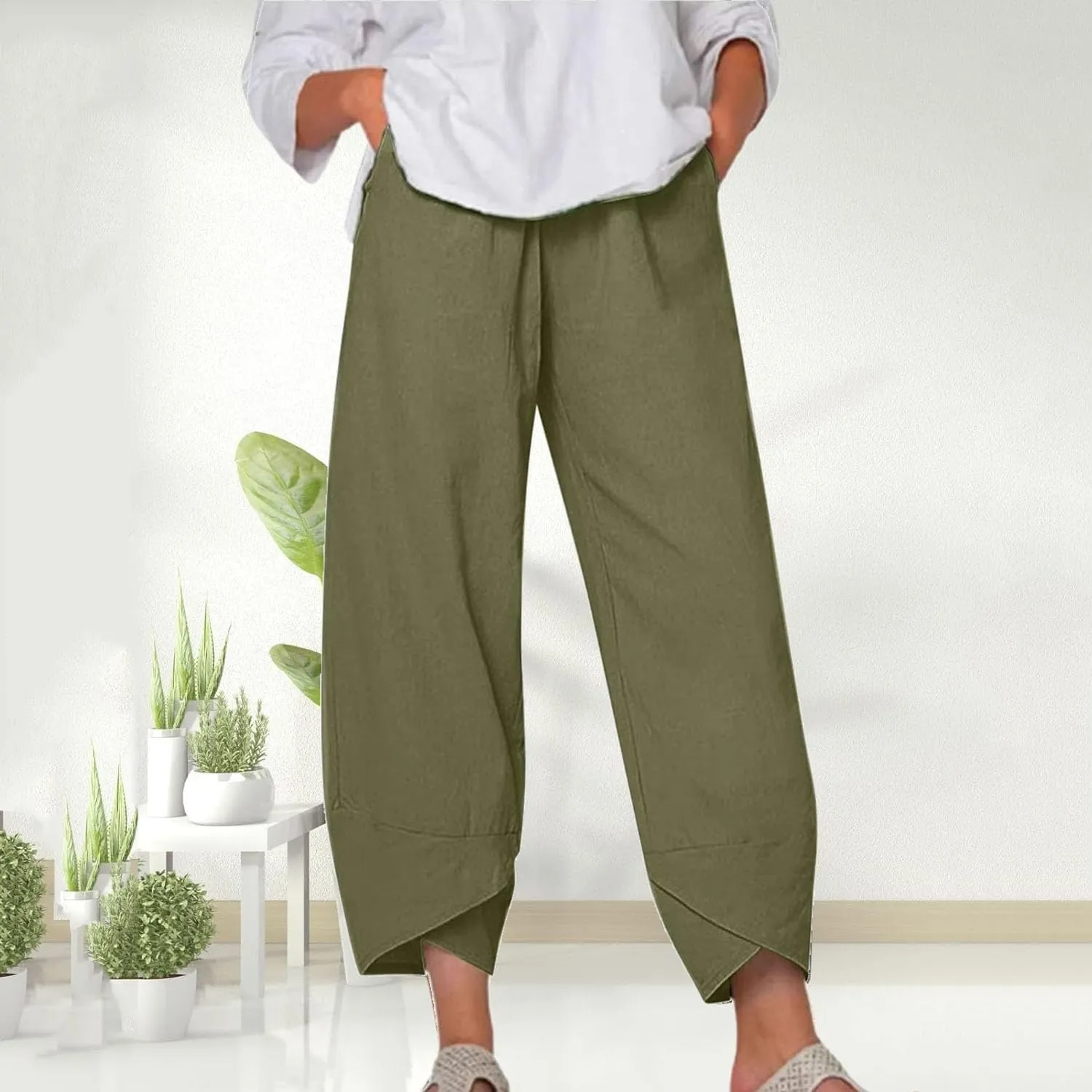Womens Cotton Linen Capri Pants,High Waisted Comfy Baggy Trousers,Cotton Linen Pant Summer Casual Capri Pants with Pockets