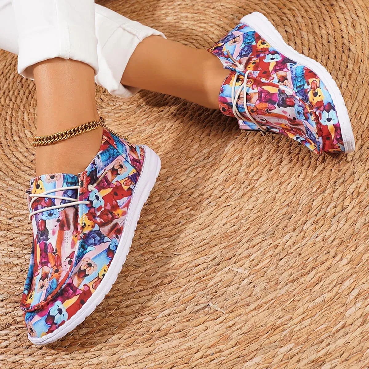 Women's Cute Print Pattern Boat Shoes Comfortable Lightweight Loafers Easy Slip On Lightweight Deck Shoes Elastic Laces Outdoor Slip On Flat Shoes Breathable Canvas Shoes Fashion Sneakers US Size 6-10