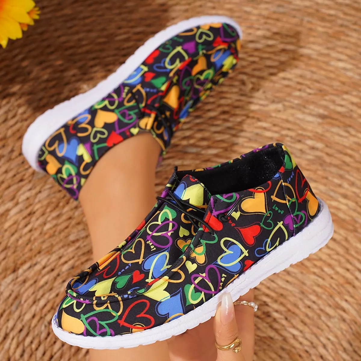 Women's Cute Print Pattern Boat Shoes Comfortable Lightweight Loafers Easy Slip On Lightweight Deck Shoes Elastic Laces Outdoor Slip On Flat Shoes Breathable Canvas Shoes Fashion Sneakers US Size 6-10