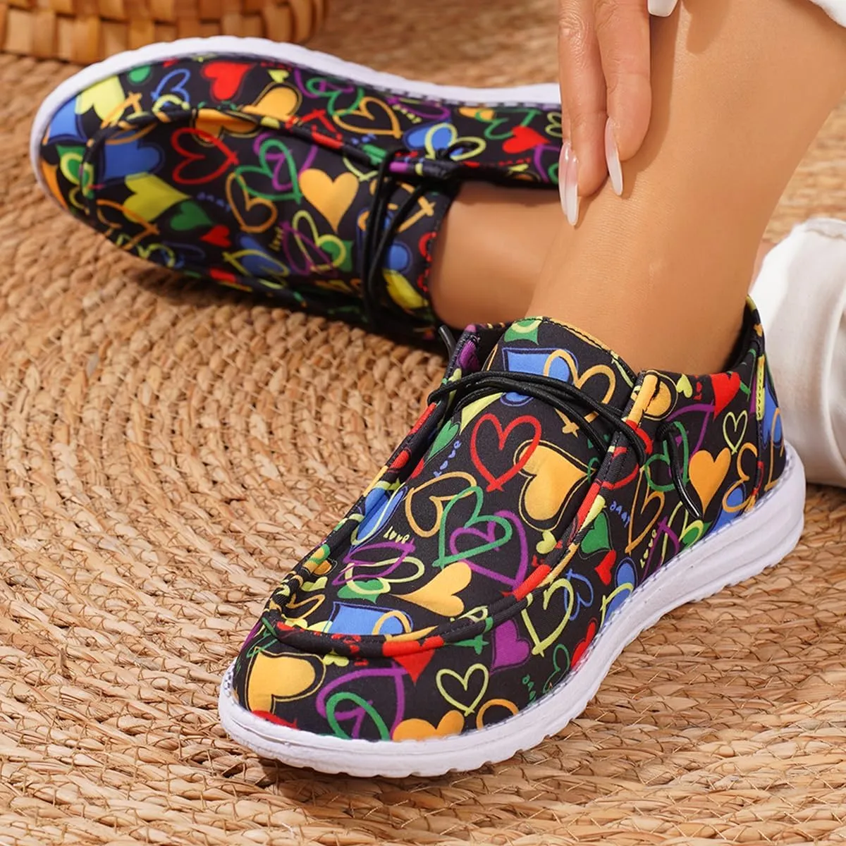 Women's Cute Print Pattern Boat Shoes Comfortable Lightweight Loafers Easy Slip On Lightweight Deck Shoes Elastic Laces Outdoor Slip On Flat Shoes Breathable Canvas Shoes Fashion Sneakers US Size 6-10